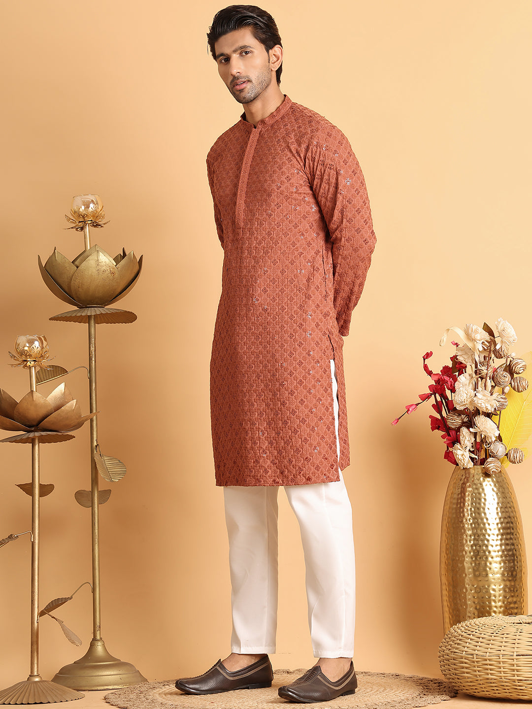 Embroidered & Sequins Straight Kurta Set For Men ( JOKP P 5117Rust )