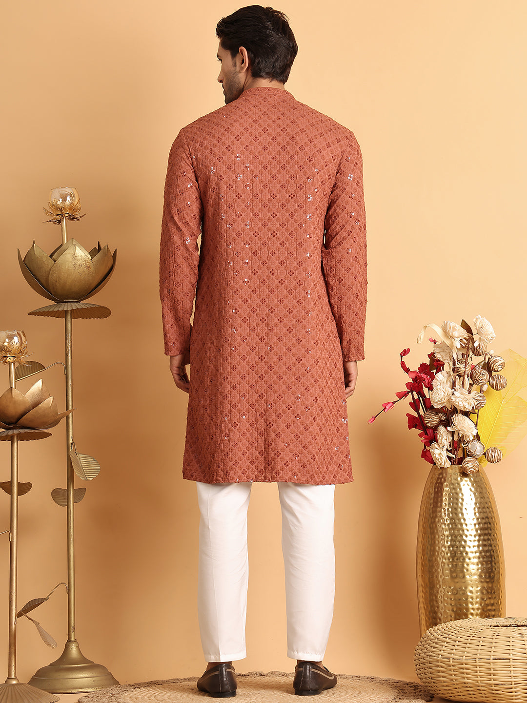 Embroidered & Sequins Straight Kurta Set For Men ( JOKP P 5117Rust )