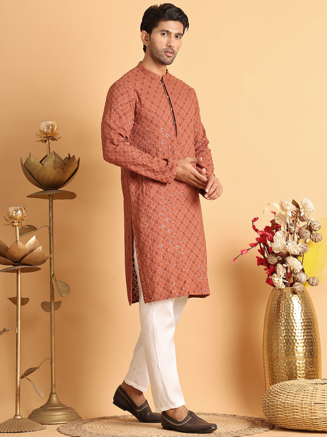 Embroidered & Sequins Straight Kurta Set For Men ( JOKP P 5117Rust )
