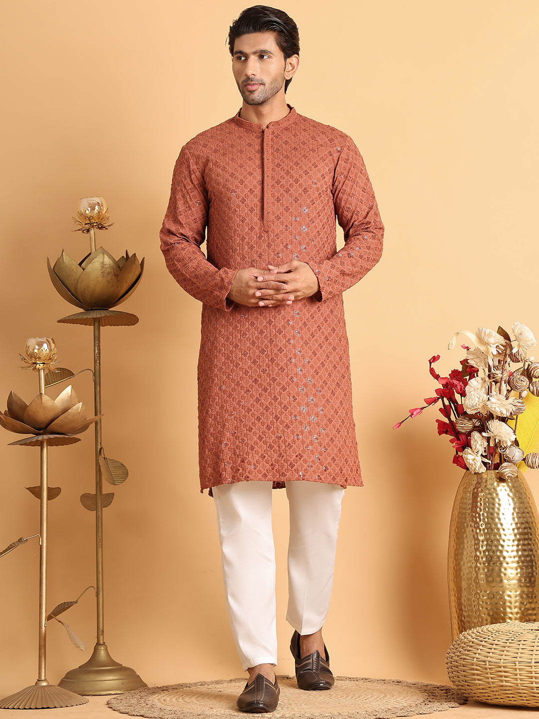 Embroidered & Sequins Straight Kurta Set For Men ( JOKP P 5117Rust )
