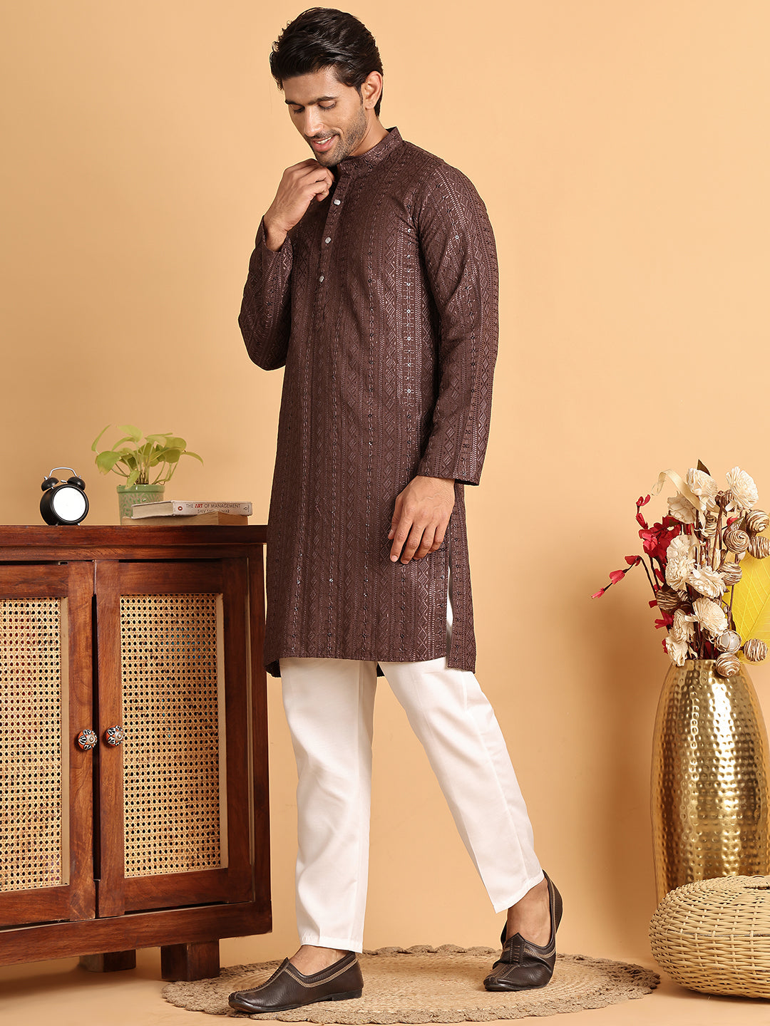 Embroidered Straight Kurta Set For Men ( JOKP P 5118Coffee )