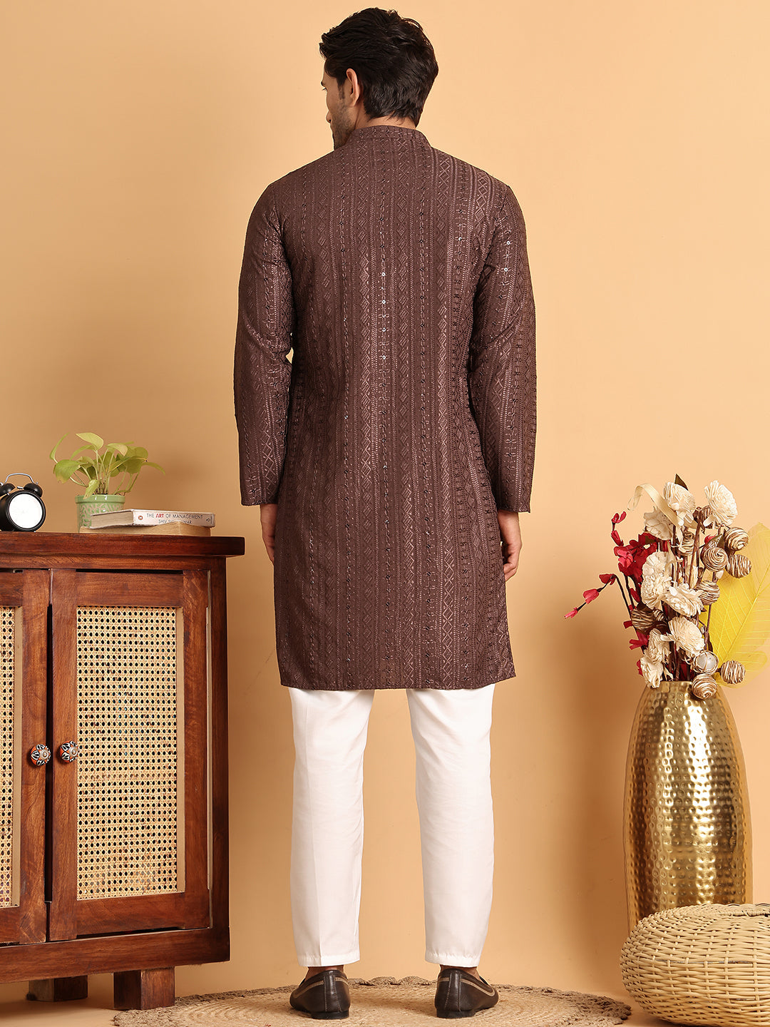 Embroidered Straight Kurta Set For Men ( JOKP P 5118Coffee )