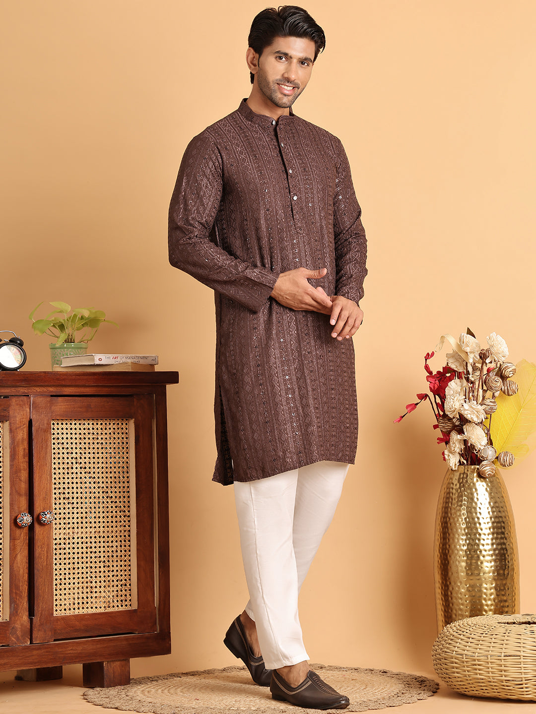 Embroidered Straight Kurta Set For Men ( JOKP P 5118Coffee )