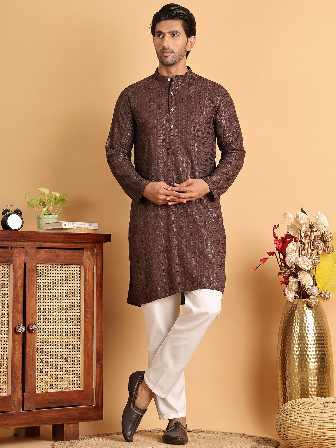 Embroidered Straight Kurta Set For Men ( JOKP P 5118Coffee )