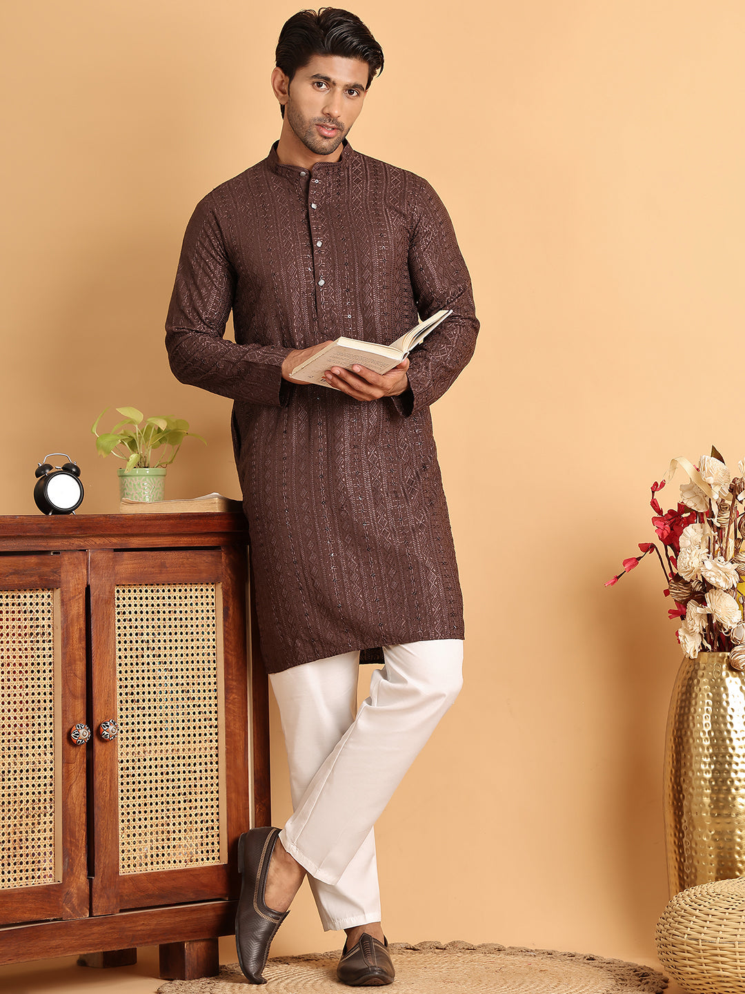 Embroidered Straight Kurta Set For Men ( JOKP P 5118Coffee )