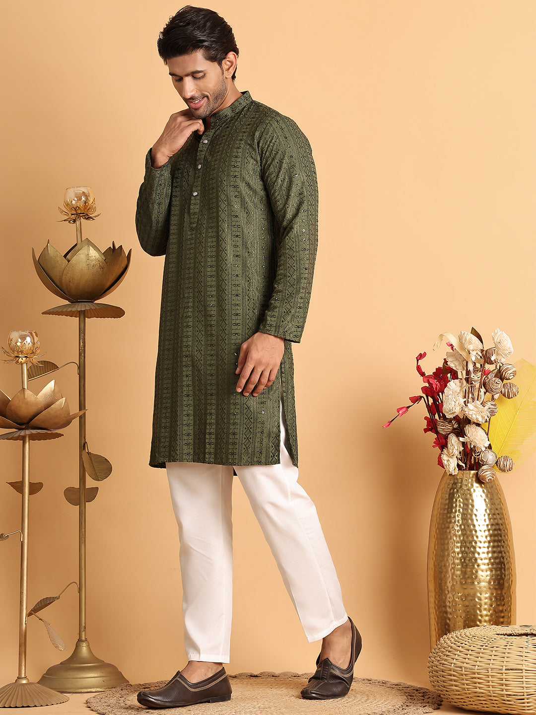 Embroidered Straight Kurta Set For Men ( JOKP P 5118Mehndi )