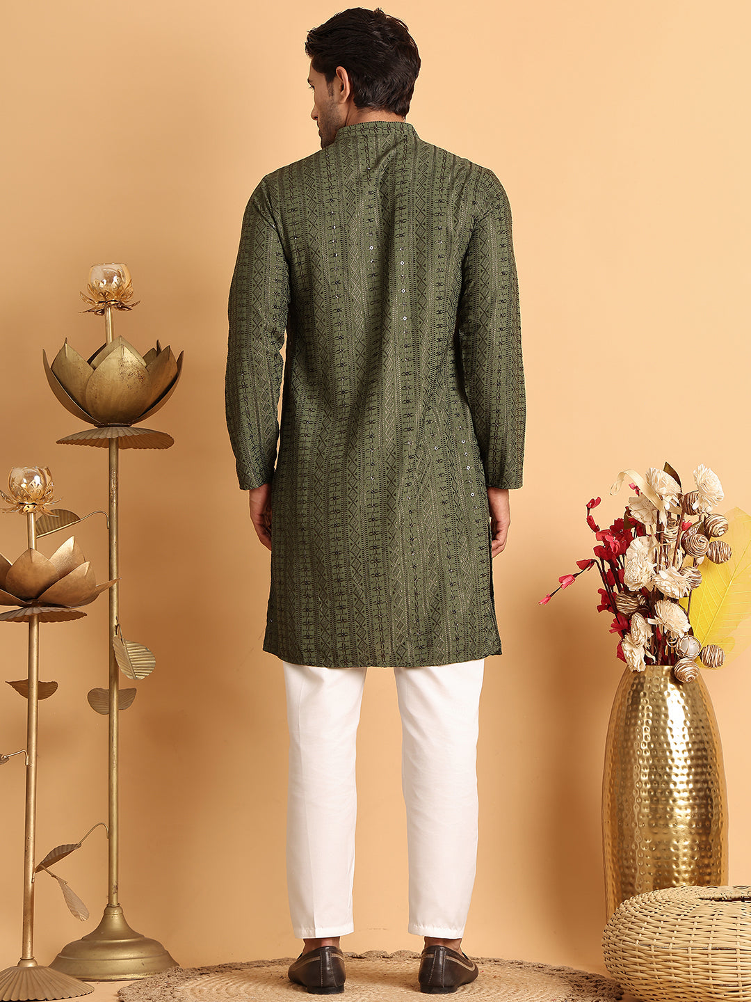 Embroidered Straight Kurta Set For Men ( JOKP P 5118Mehndi )