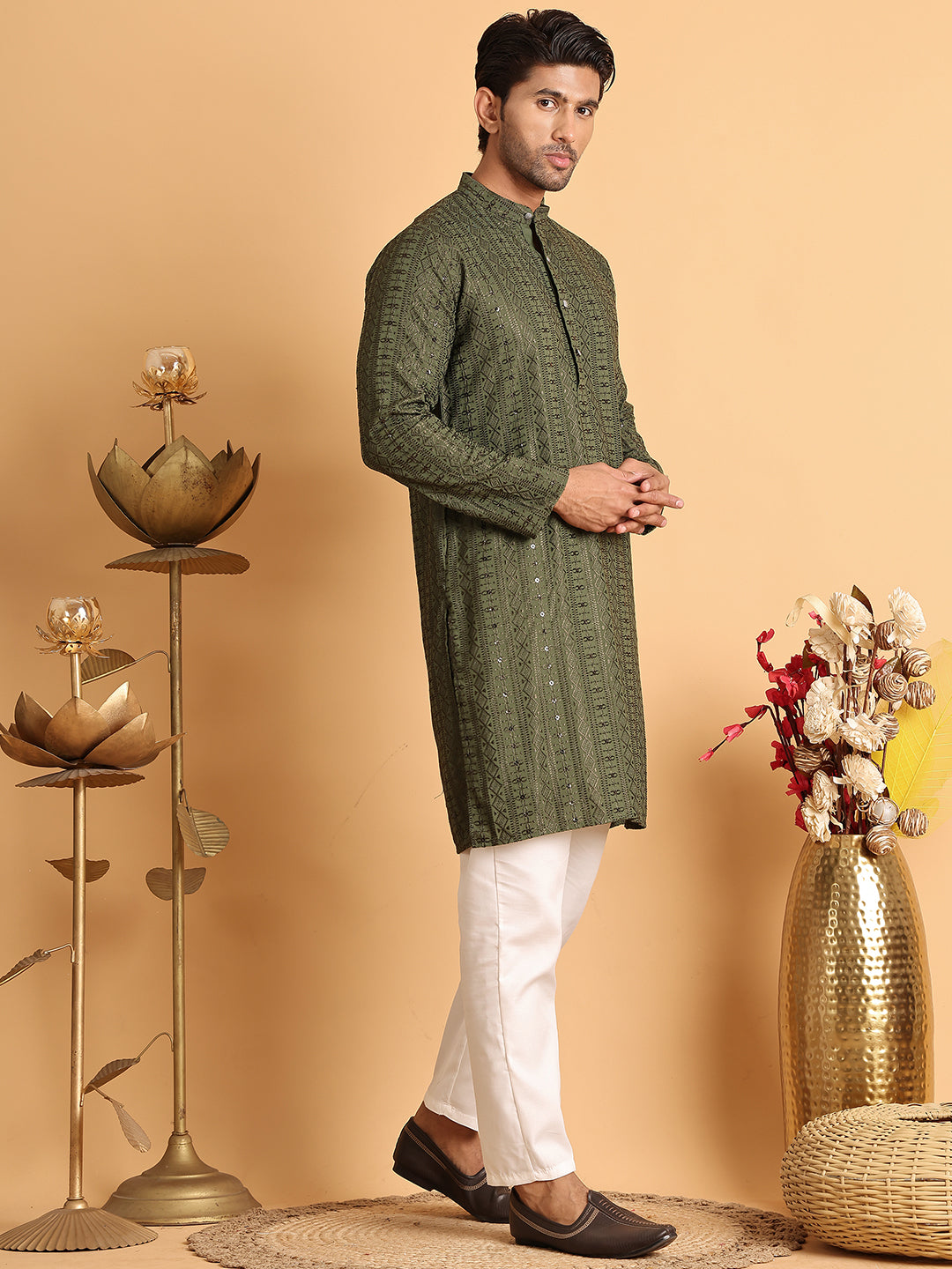 Embroidered Straight Kurta Set For Men ( JOKP P 5118Mehndi )