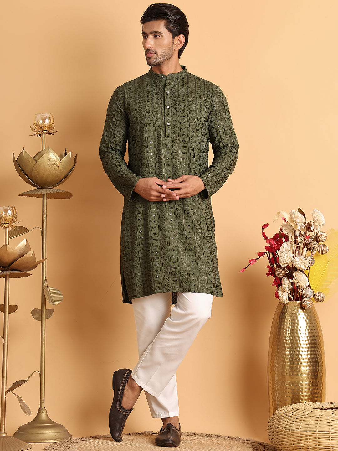 Embroidered Straight Kurta Set For Men ( JOKP P 5118Mehndi )