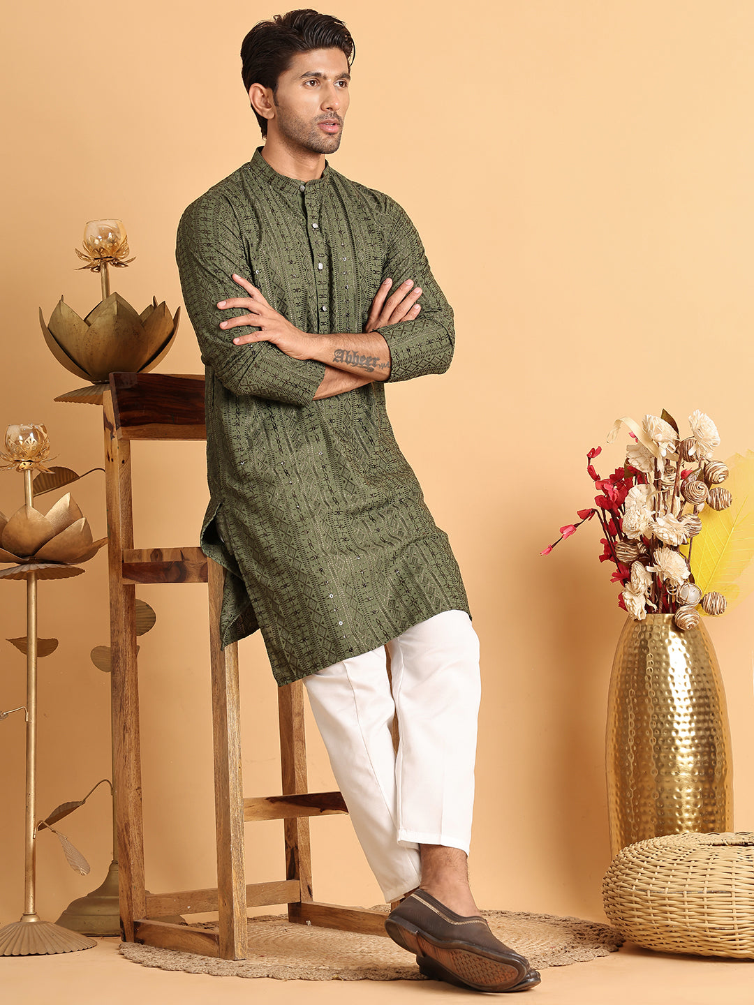 Embroidered Straight Kurta Set For Men ( JOKP P 5118Mehndi )