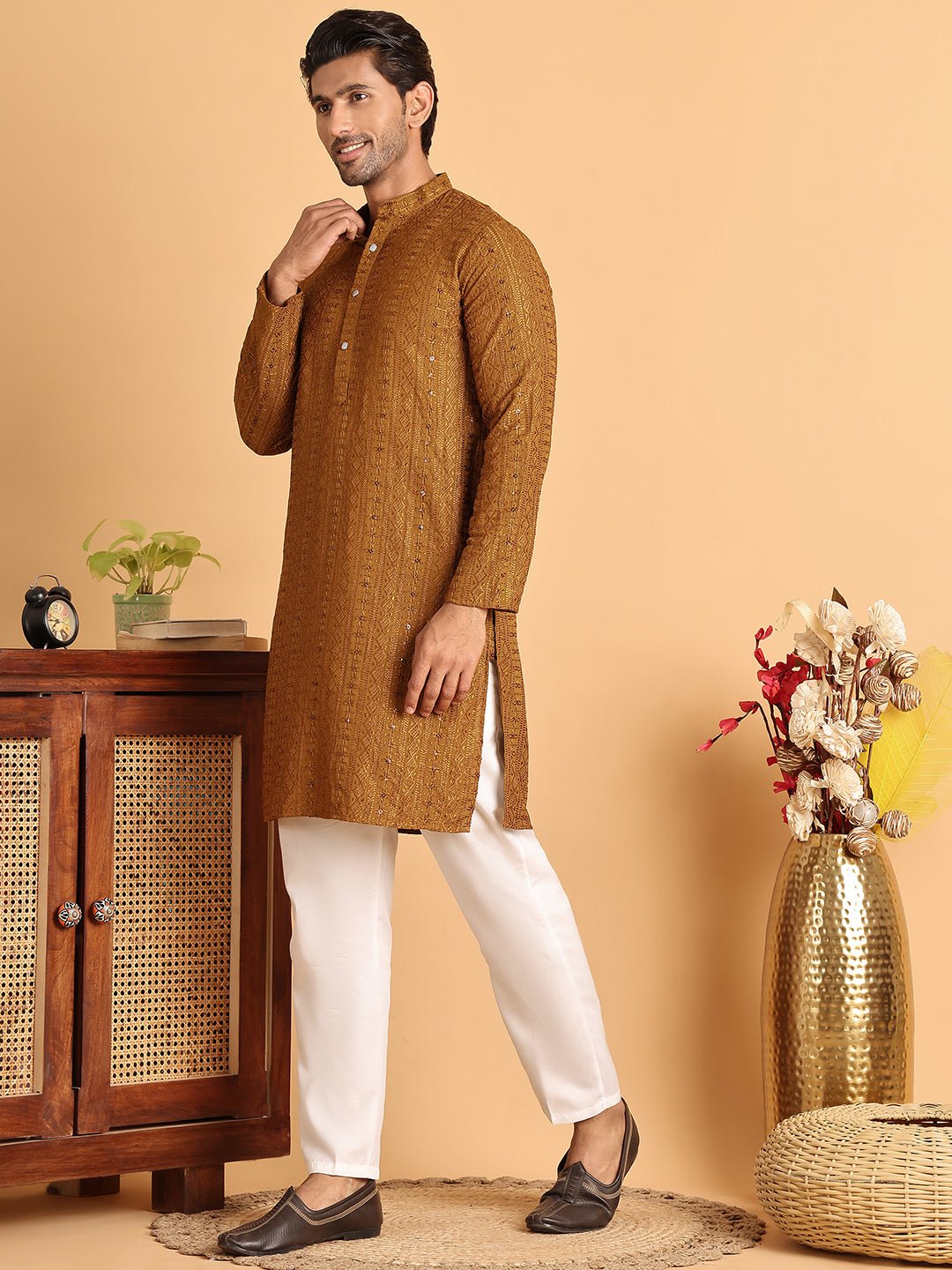 Embroidered Straight Kurta Set For Men ( JOKP P 5118Mustard )