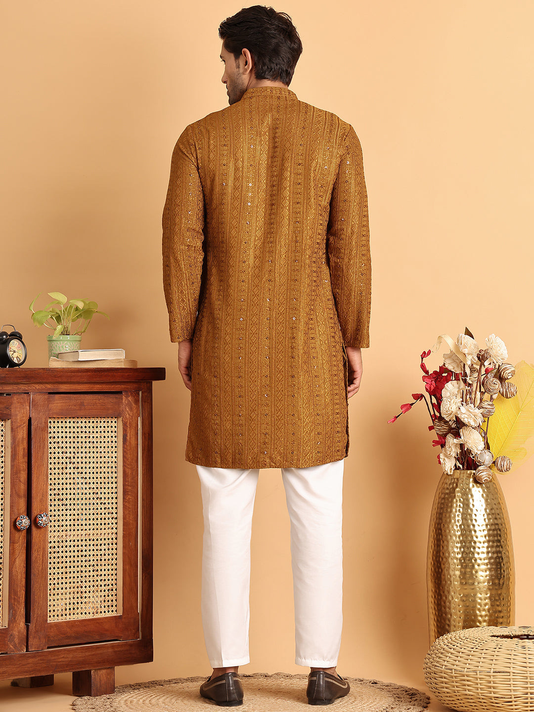 Embroidered Straight Kurta Set For Men ( JOKP P 5118Mustard )