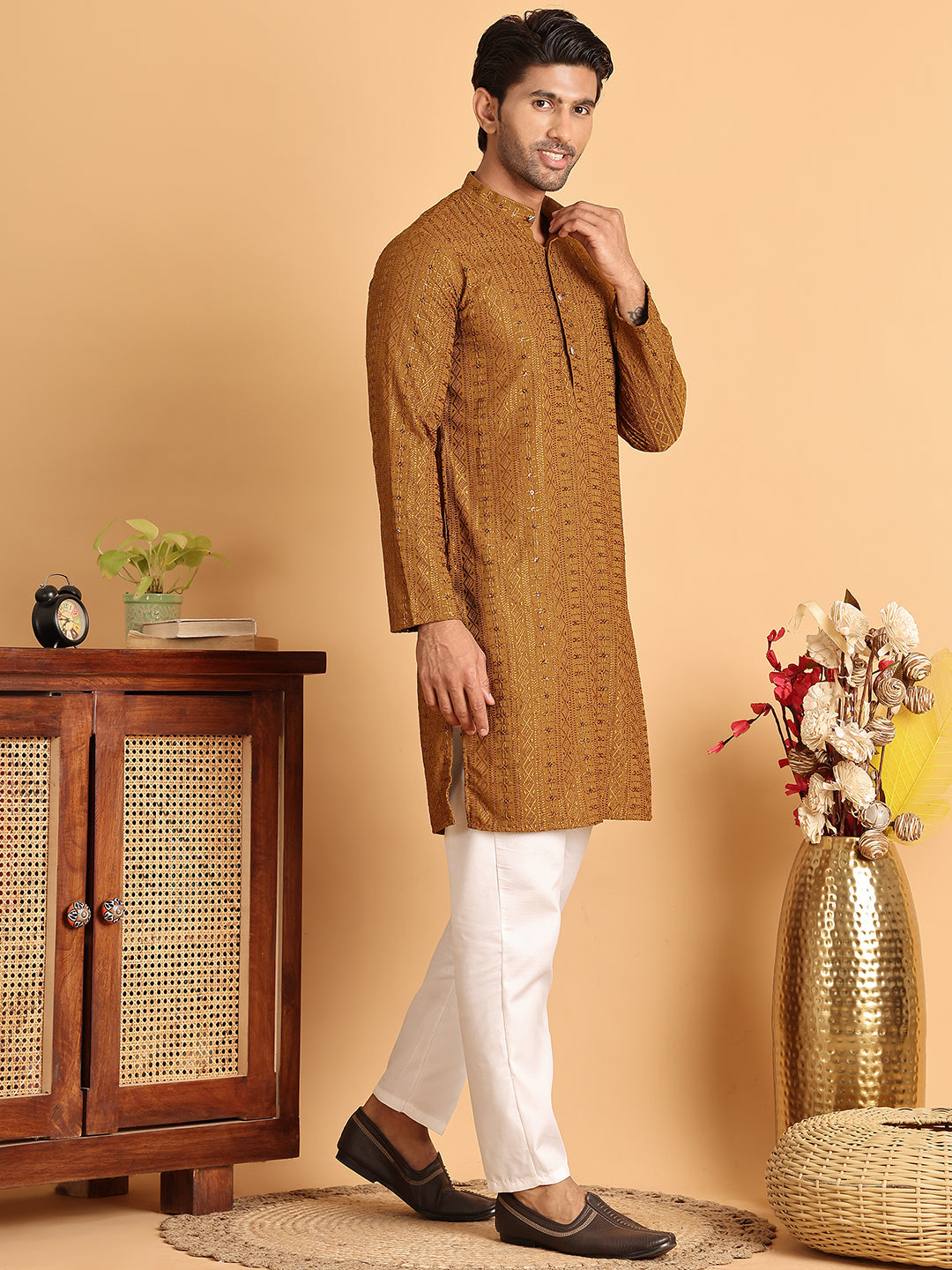 Embroidered Straight Kurta Set For Men ( JOKP P 5118Mustard )
