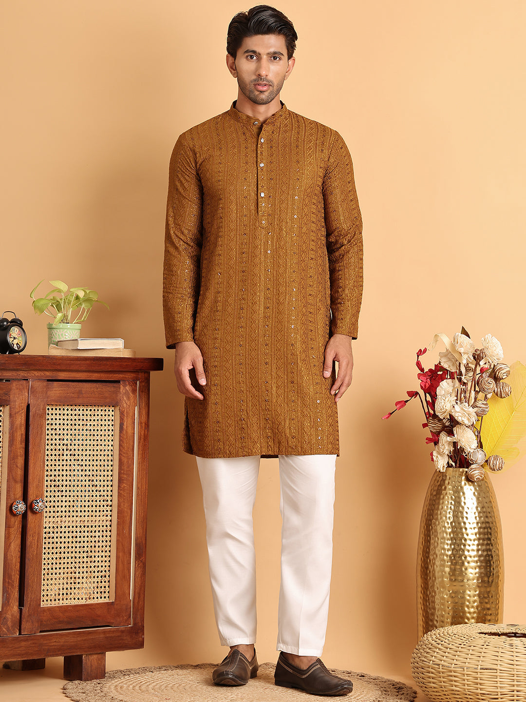 Embroidered Straight Kurta Set For Men ( JOKP P 5118Mustard )