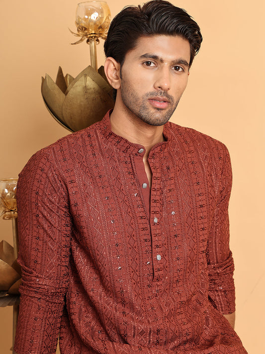 Embroidered Straight Kurta Set For Men ( JOKP P 5118Rust )