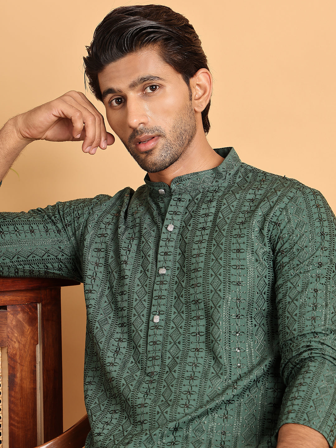 Embroidered Straight Kurta Set For Men ( JOKP P 5118Sea-Green )