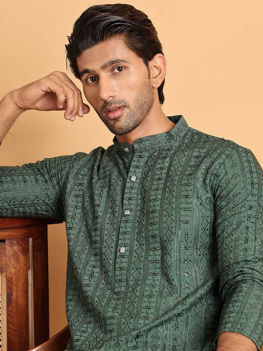 Embroidered Straight Kurta Set For Men ( JOKP P 5118Sea-Green )