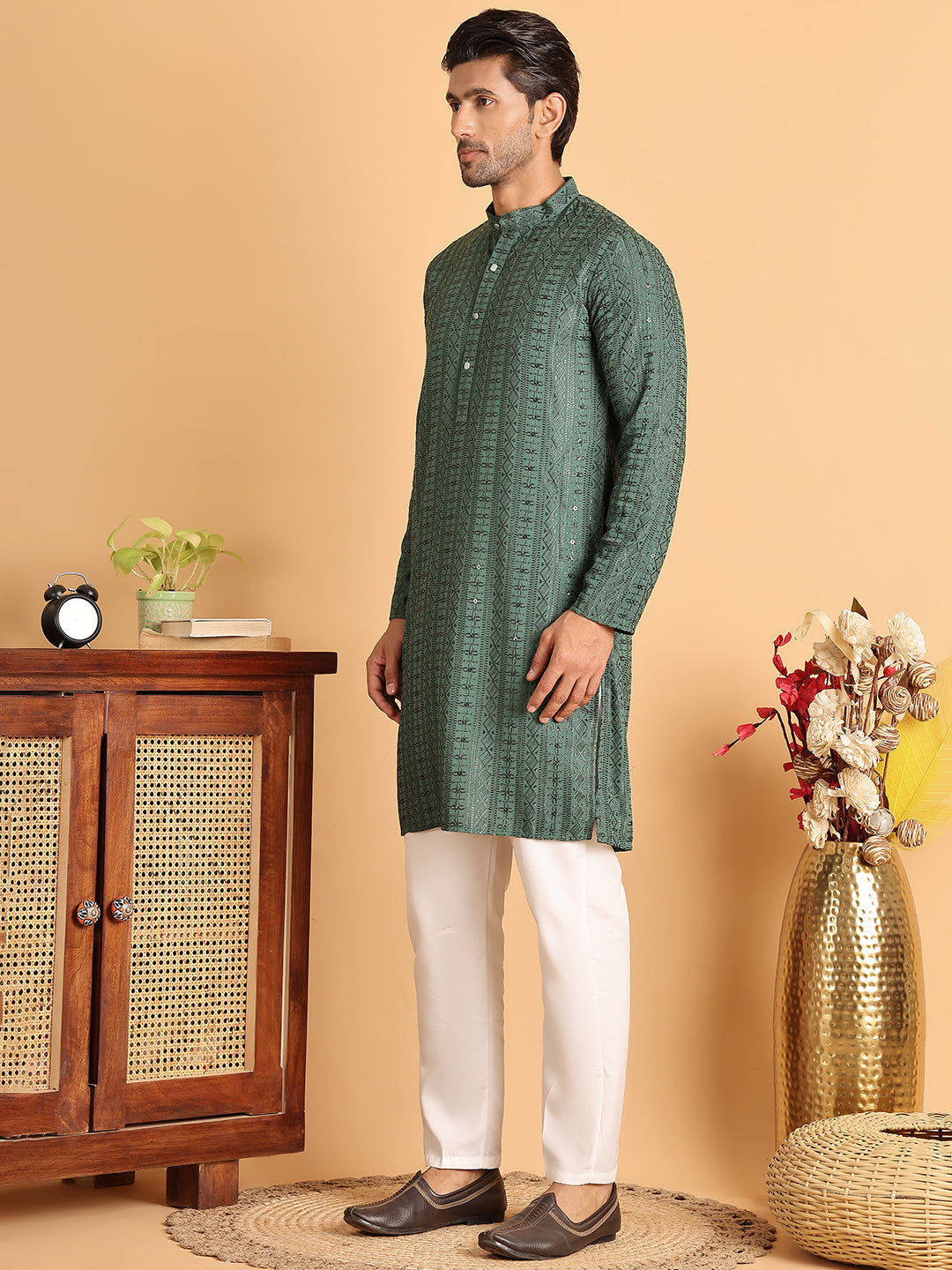 Embroidered Straight Kurta Set For Men ( JOKP P 5118Sea-Green )