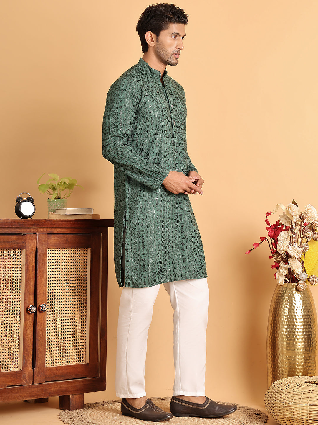 Embroidered Straight Kurta Set For Men ( JOKP P 5118Sea-Green )