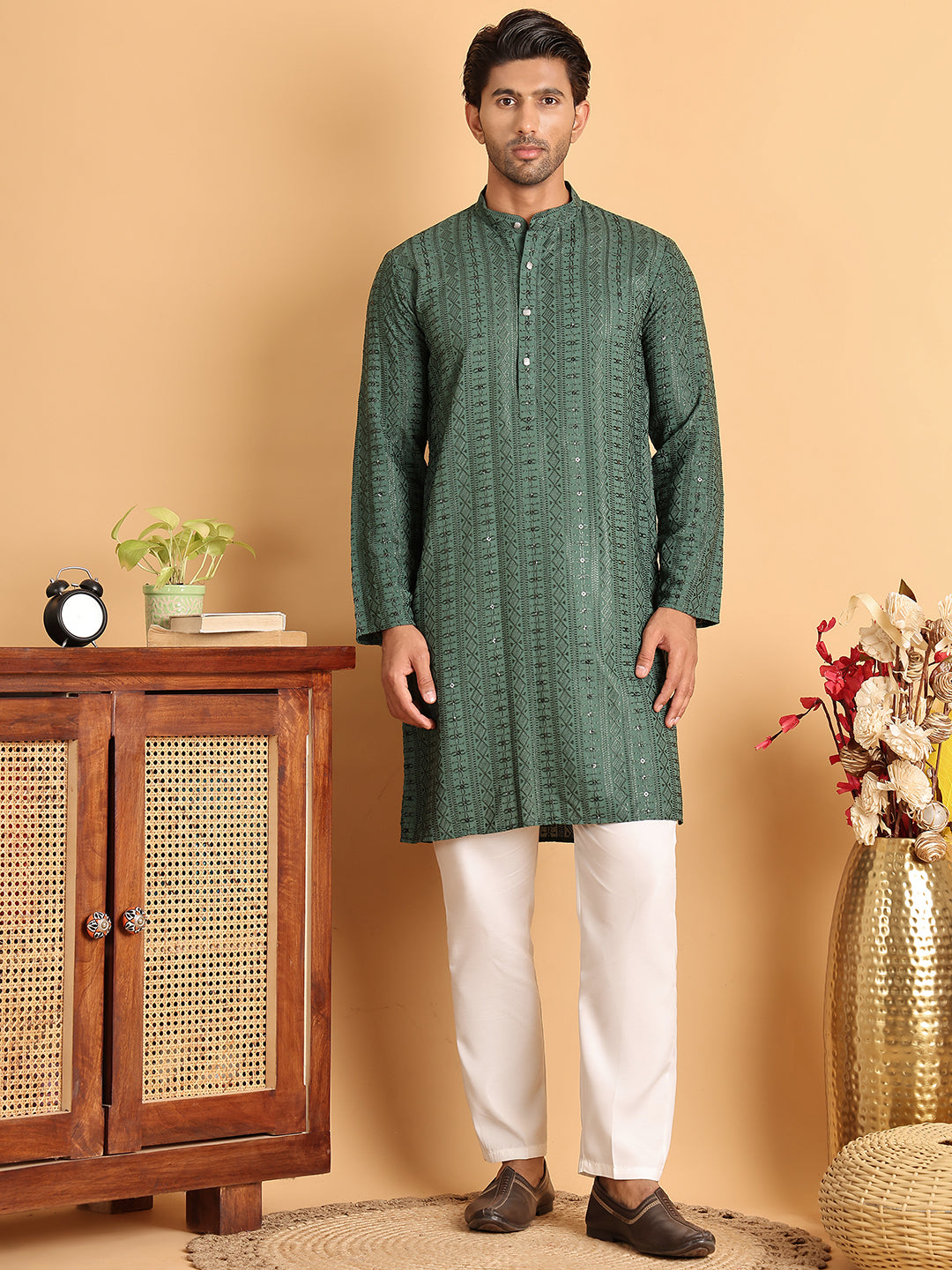 Embroidered Straight Kurta Set For Men ( JOKP P 5118Sea-Green )