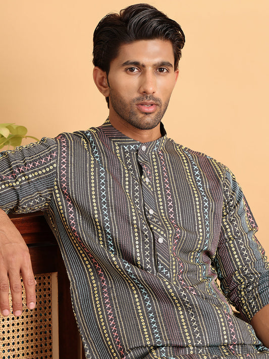 Embroidered Silk Blend Kurta Set For Men ( JOKP P 5119Grey )