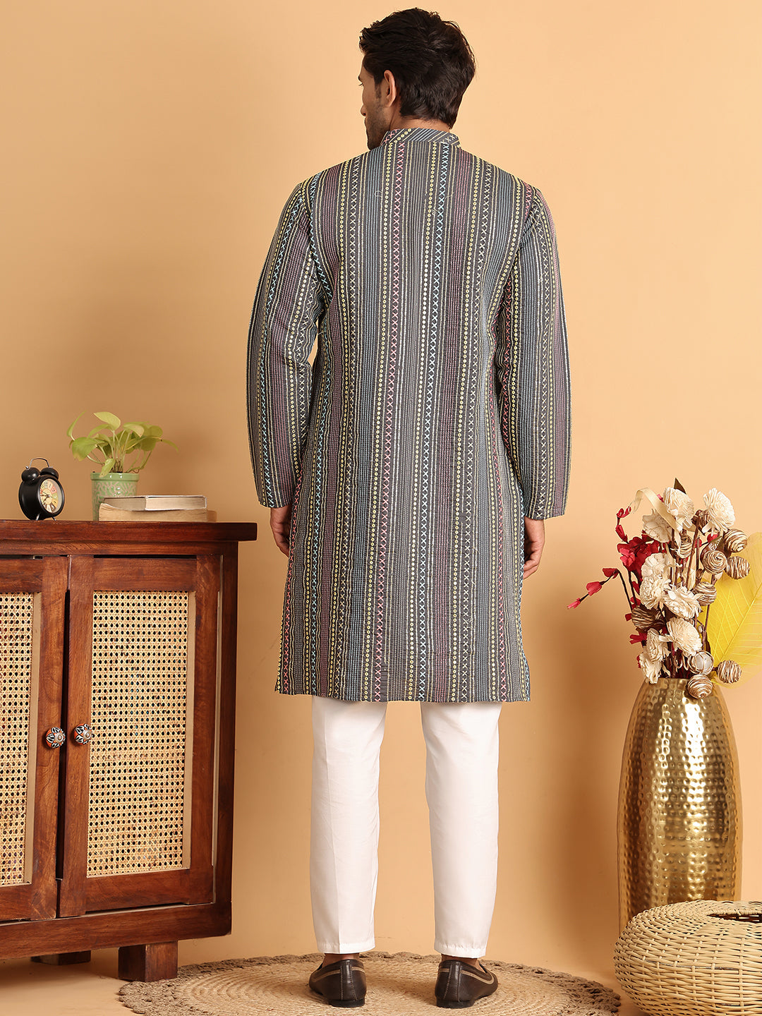 Embroidered Silk Blend Kurta Set For Men ( JOKP P 5119Grey )