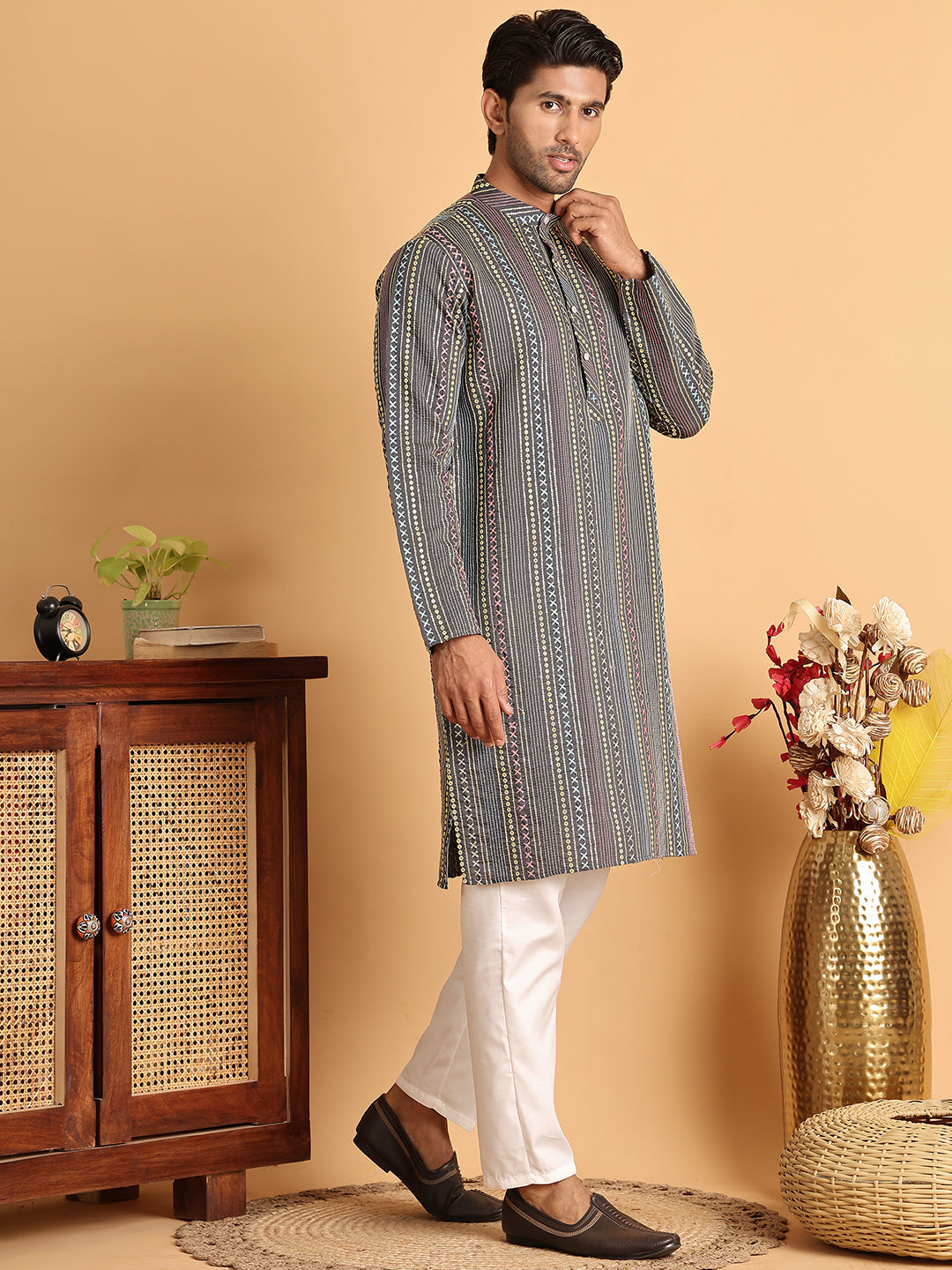 Embroidered Silk Blend Kurta Set For Men ( JOKP P 5119Grey )