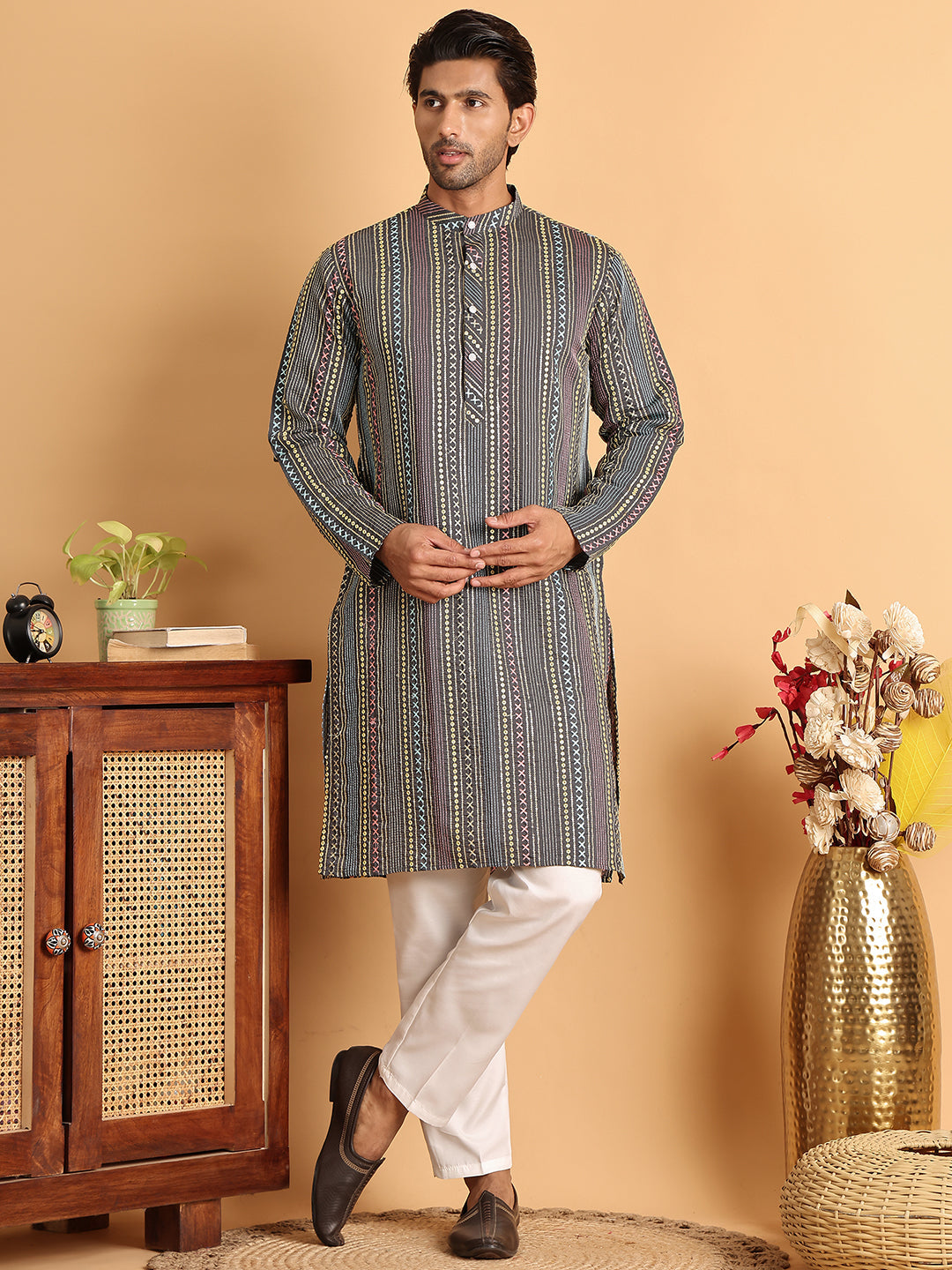 Embroidered Silk Blend Kurta Set For Men ( JOKP P 5119Grey )