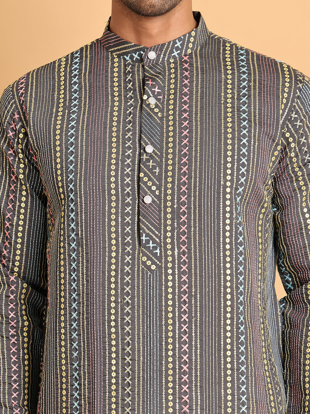 Embroidered Silk Blend Kurta Set For Men ( JOKP P 5119Grey )