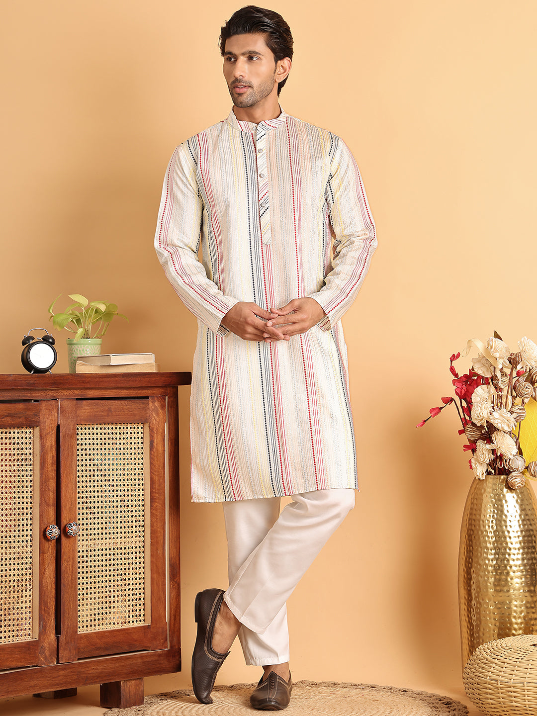 Embroidered Silk Blend Kurta Set For Men ( JOKP P 5119Off-White )