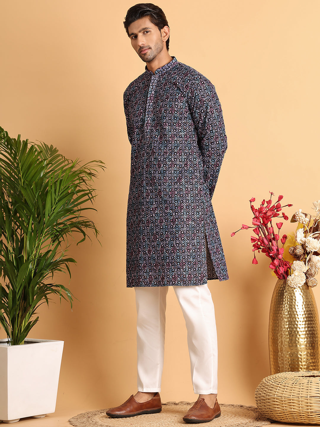 Embroidered Viscose Kurta Set For Men ( JOKP P 5121Multi )