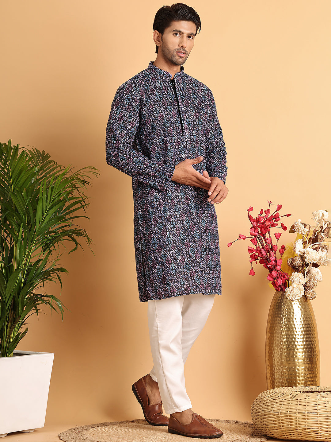 Embroidered Viscose Kurta Set For Men ( JOKP P 5121Multi )