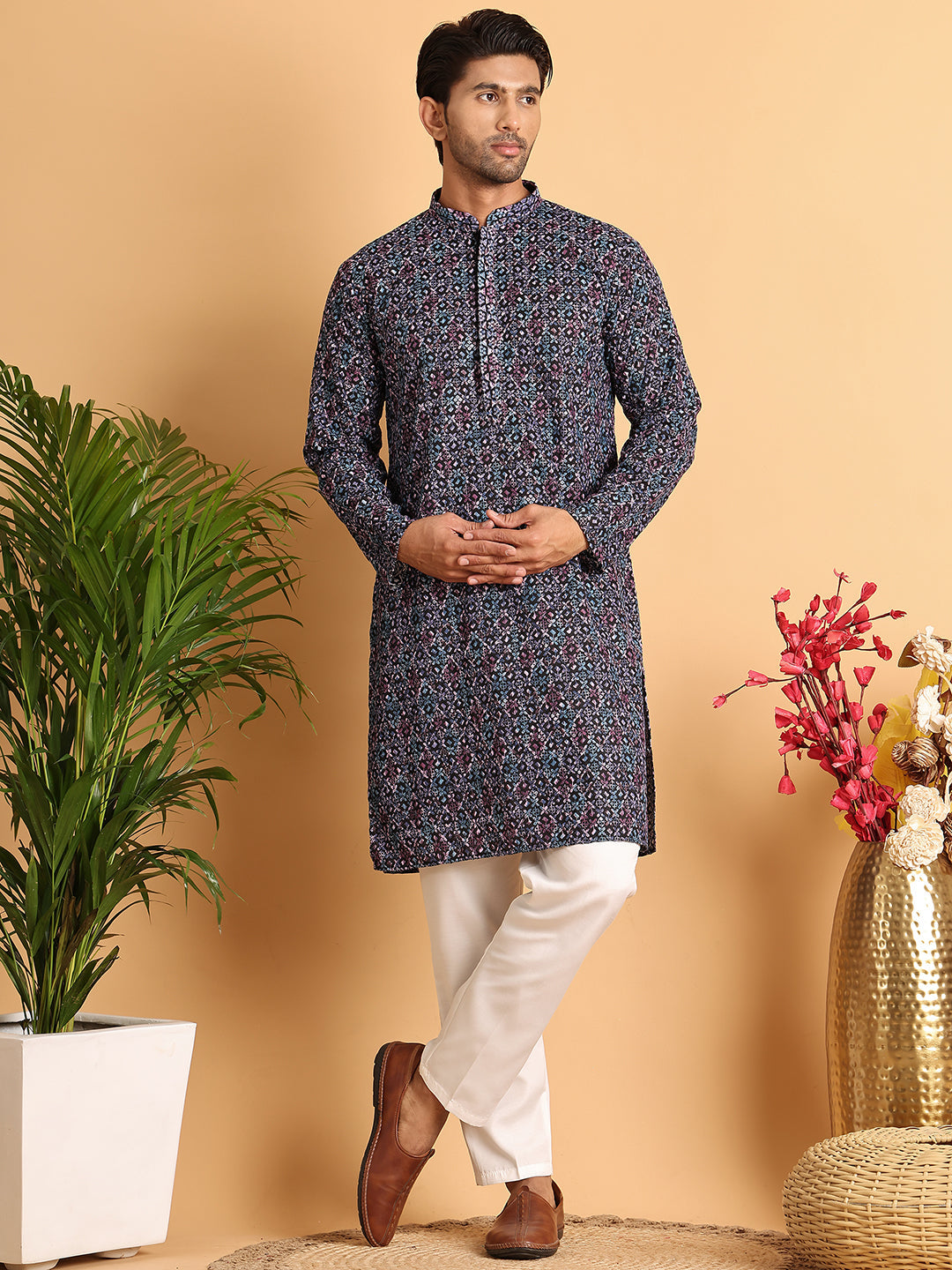 Embroidered Viscose Kurta Set For Men ( JOKP P 5121Multi )