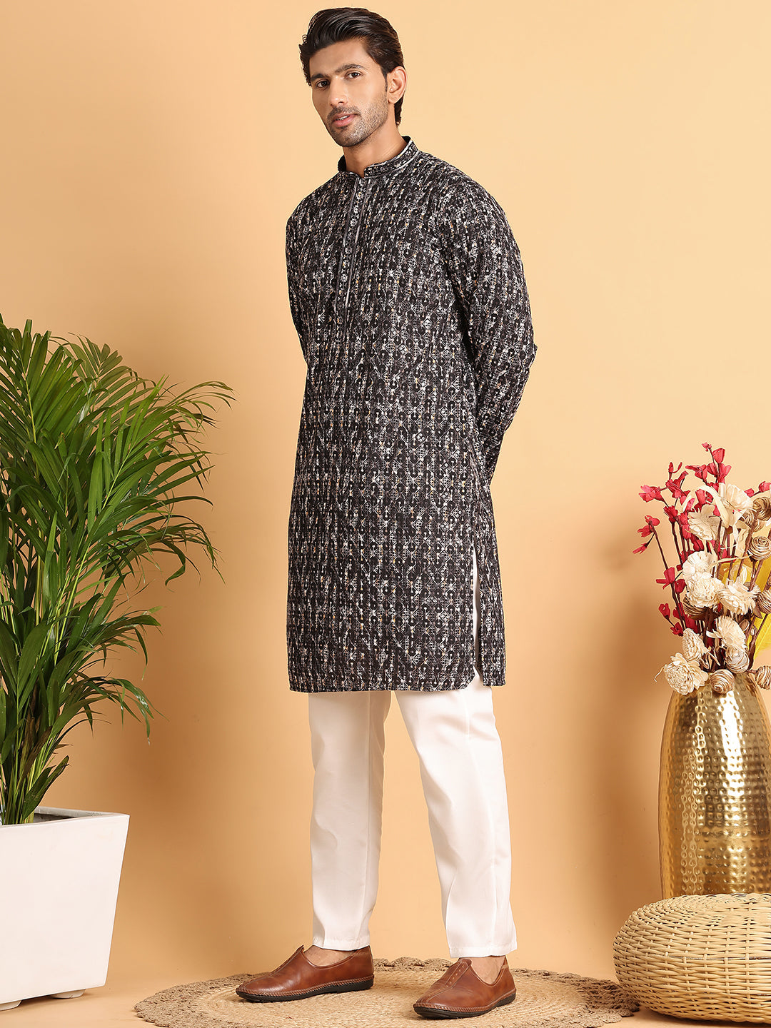 Embroidered Viscose Kurta Set For Men ( JOKP P 5122Black )