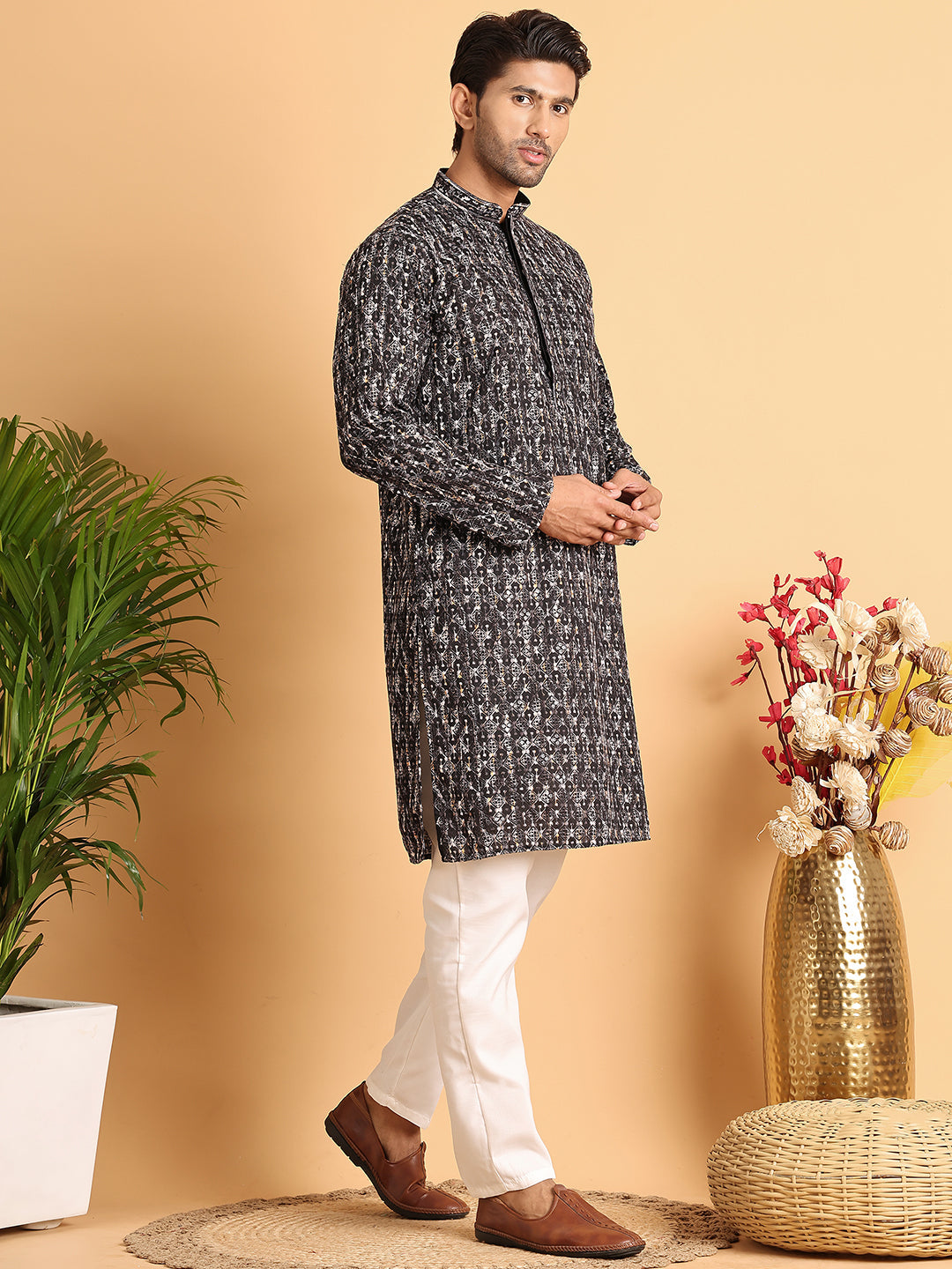 Embroidered Viscose Kurta Set For Men ( JOKP P 5122Black )