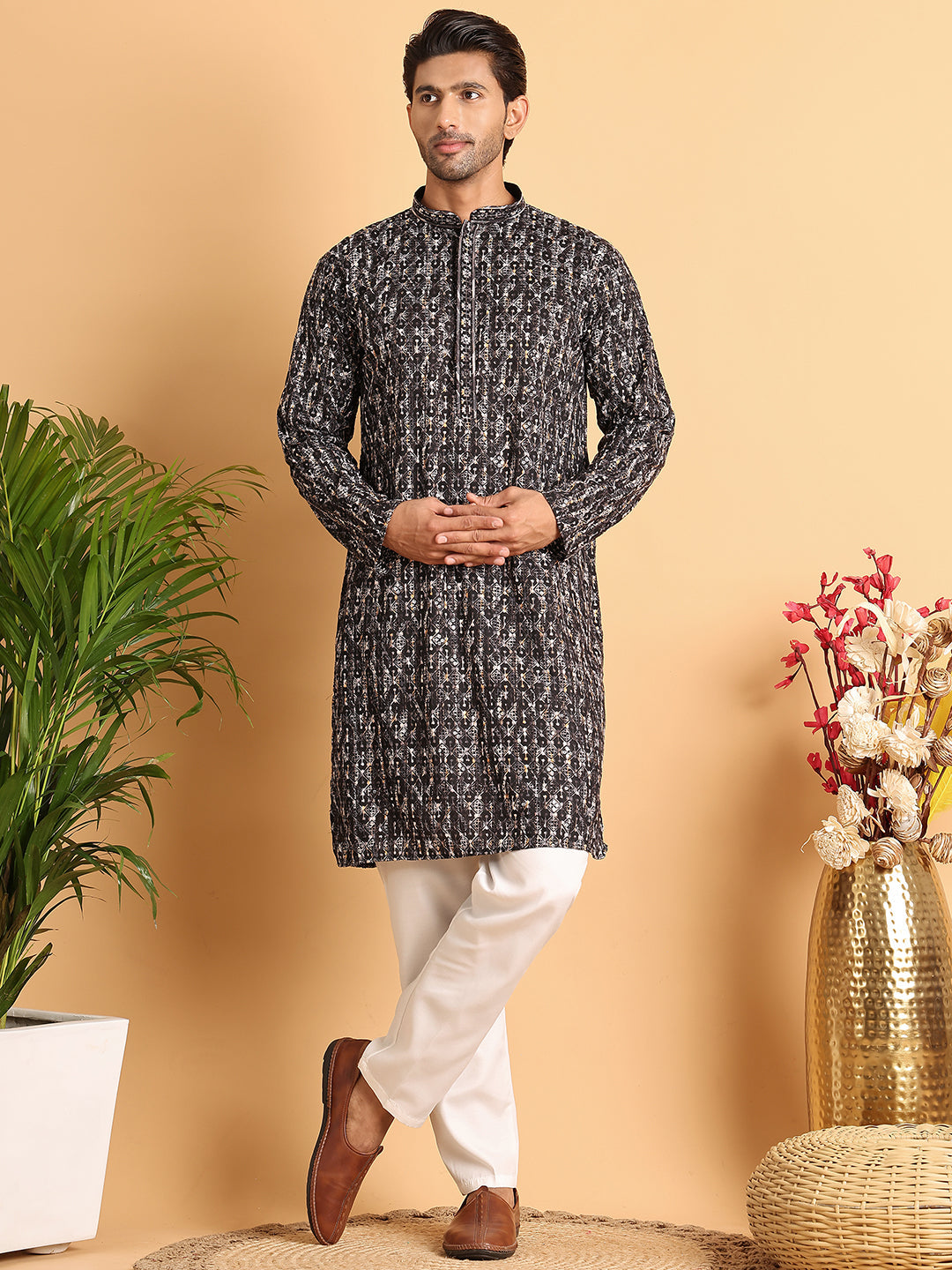 Embroidered Viscose Kurta Set For Men ( JOKP P 5122Black )