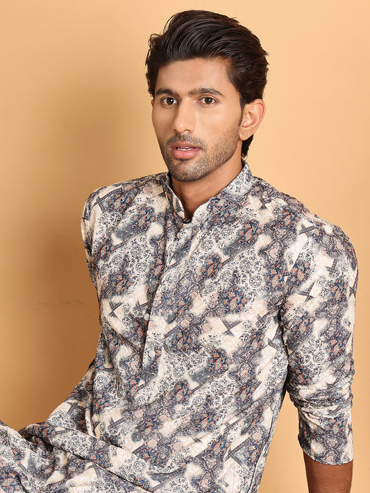 Chikankari Embroidered & Printed Kurta Set ( JOKP P 5123Grey )