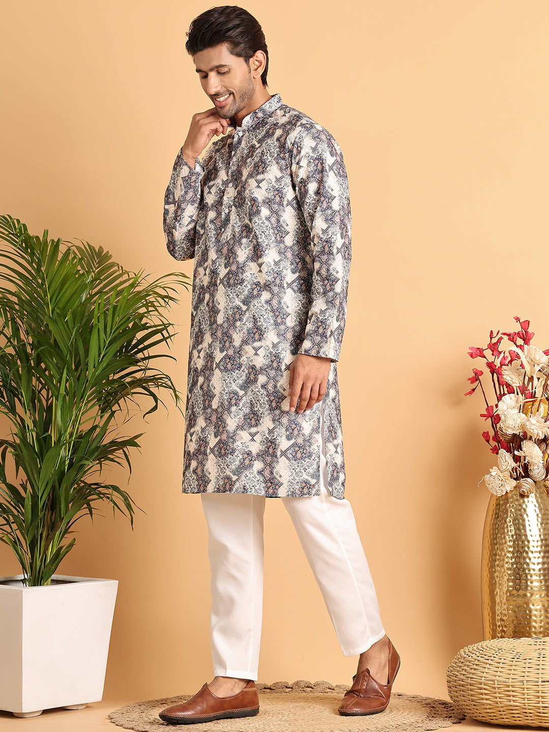 Chikankari Embroidered & Printed Kurta Set ( JOKP P 5123Grey )