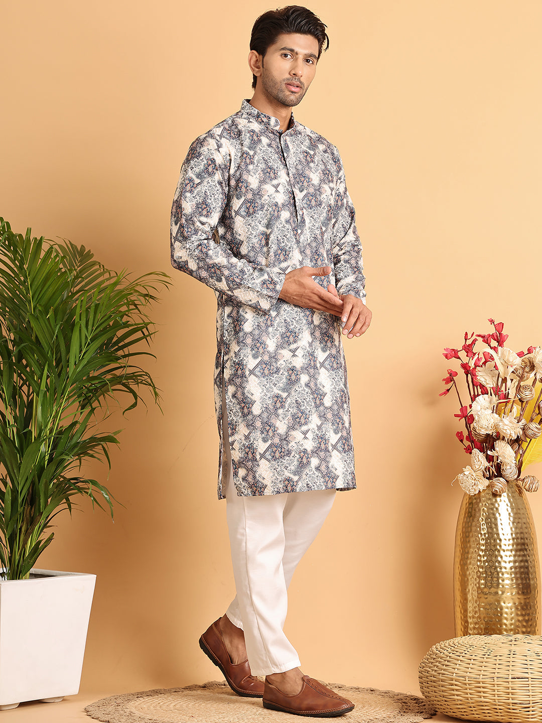 Chikankari Embroidered & Printed Kurta Set ( JOKP P 5123Grey )
