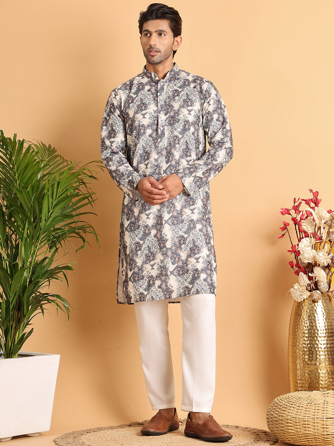 Chikankari Embroidered & Printed Kurta Set ( JOKP P 5123Grey )
