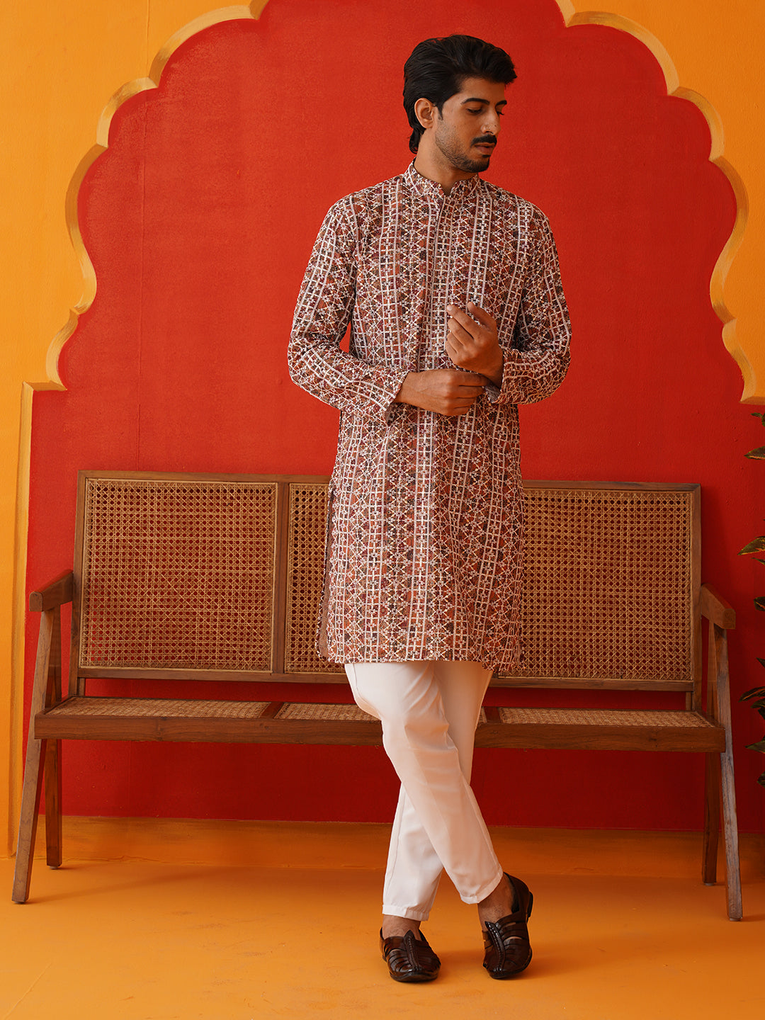 Embroidered & Printed Kurta Set For Men ( JJOKP P 5124Brown )