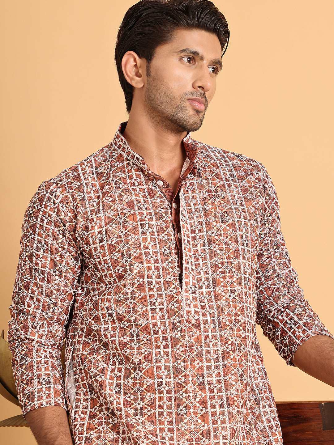 Embroidered & Printed Kurta Set For Men ( JOKP P 5124Brown )