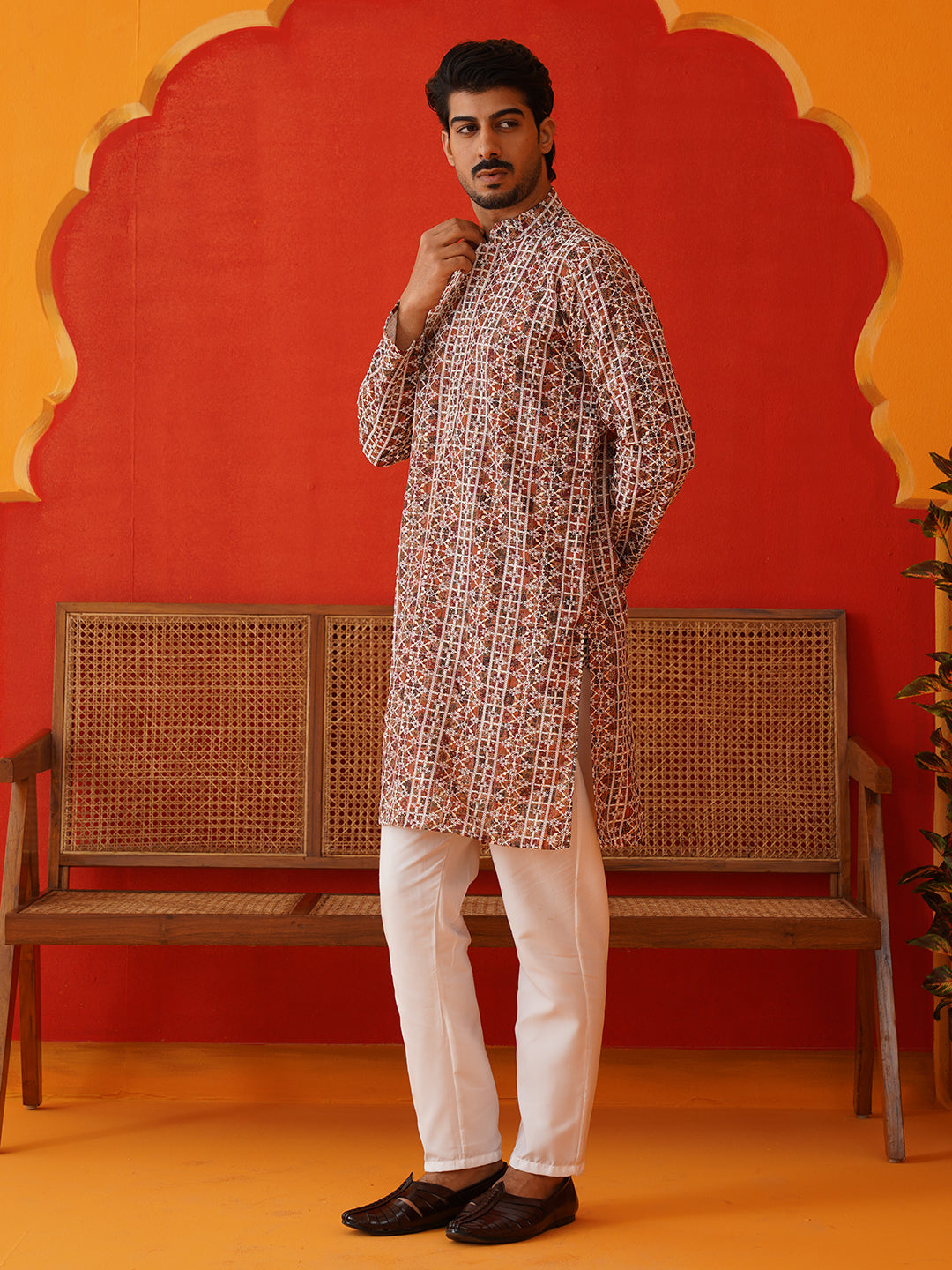 Embroidered & Printed Kurta Set For Men ( JJOKP P 5124Brown )