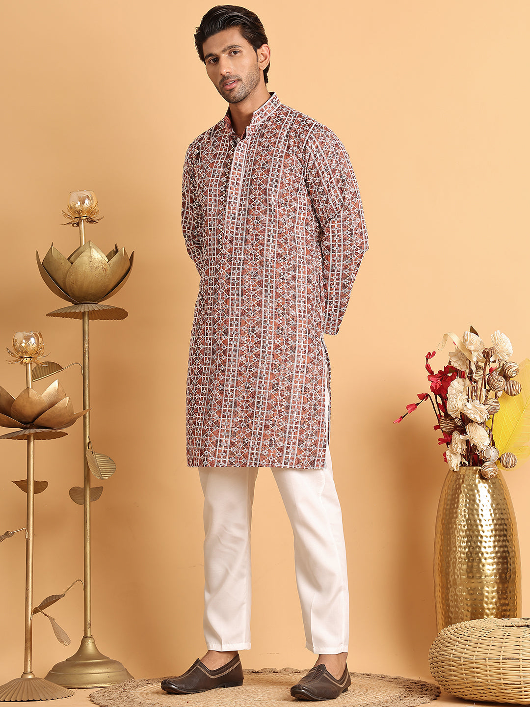 Embroidered & Printed Kurta Set For Men ( JOKP P 5124Brown )
