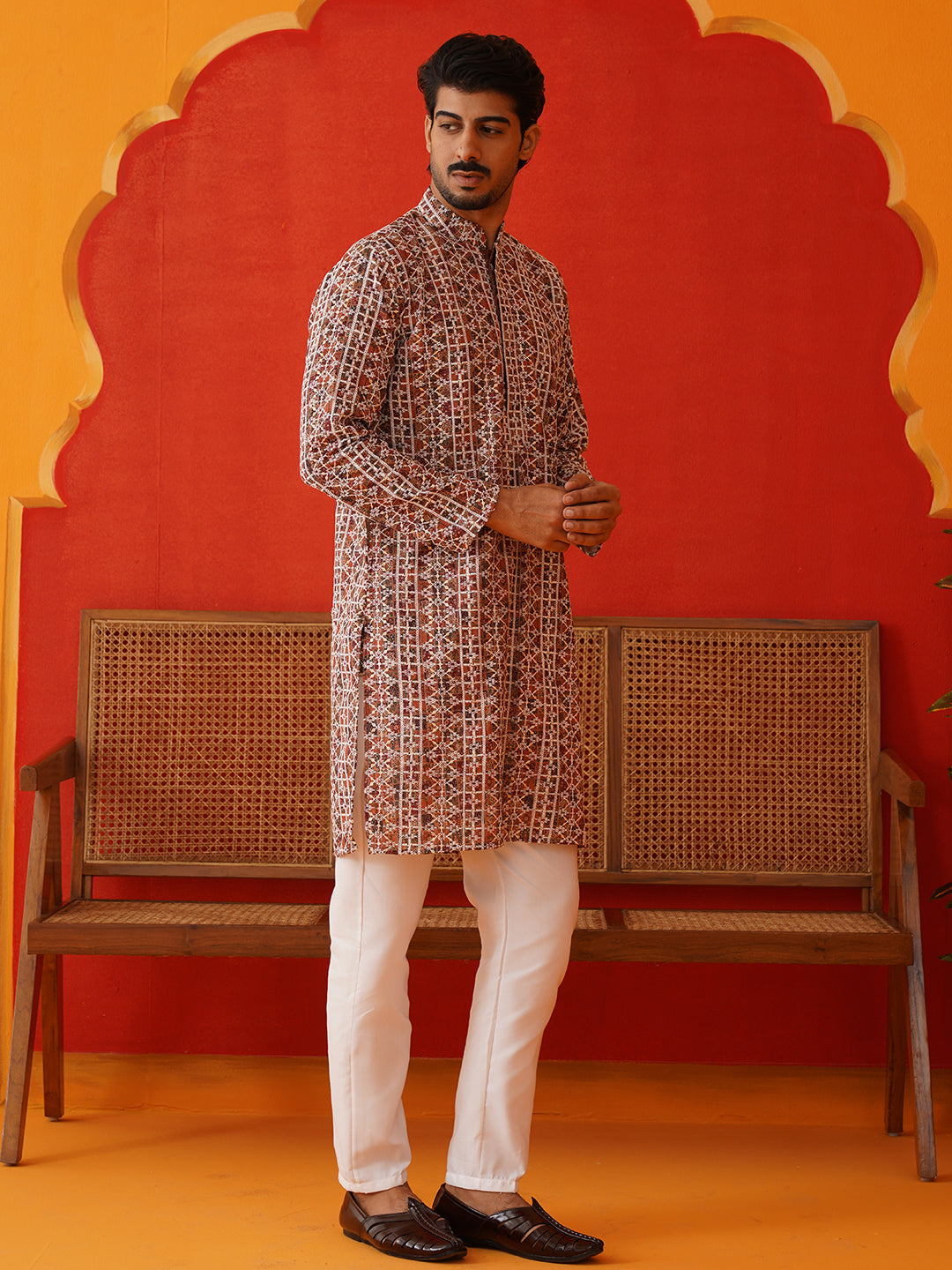 Embroidered & Printed Kurta Set For Men ( JJOKP P 5124Brown )