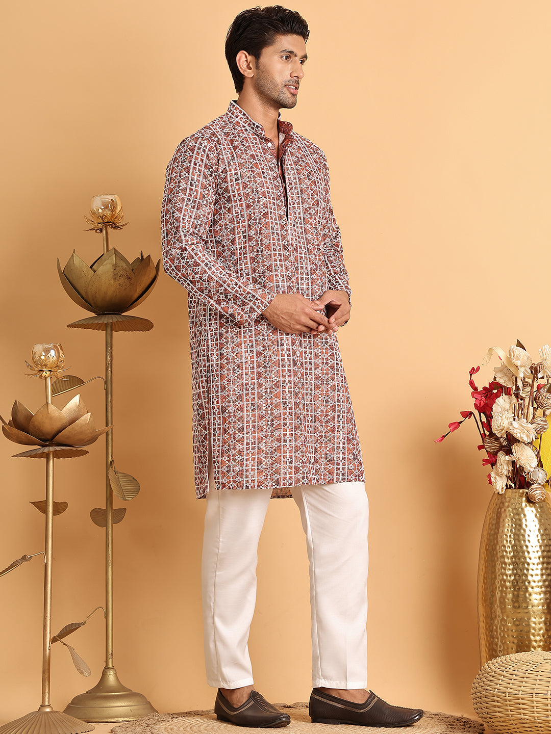Embroidered & Printed Kurta Set For Men ( JOKP P 5124Brown )