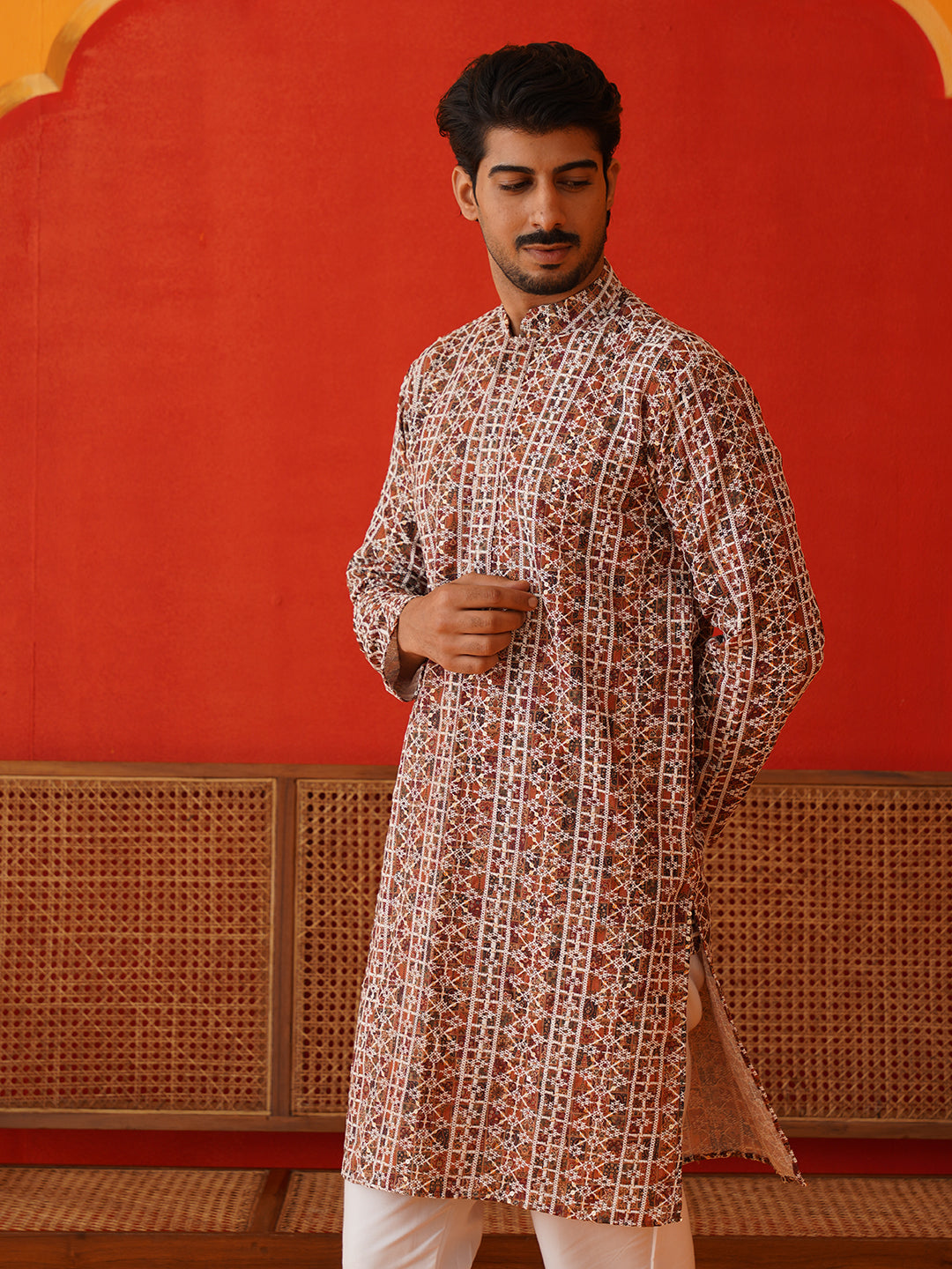 Embroidered & Printed Kurta Set For Men ( JJOKP P 5124Brown )