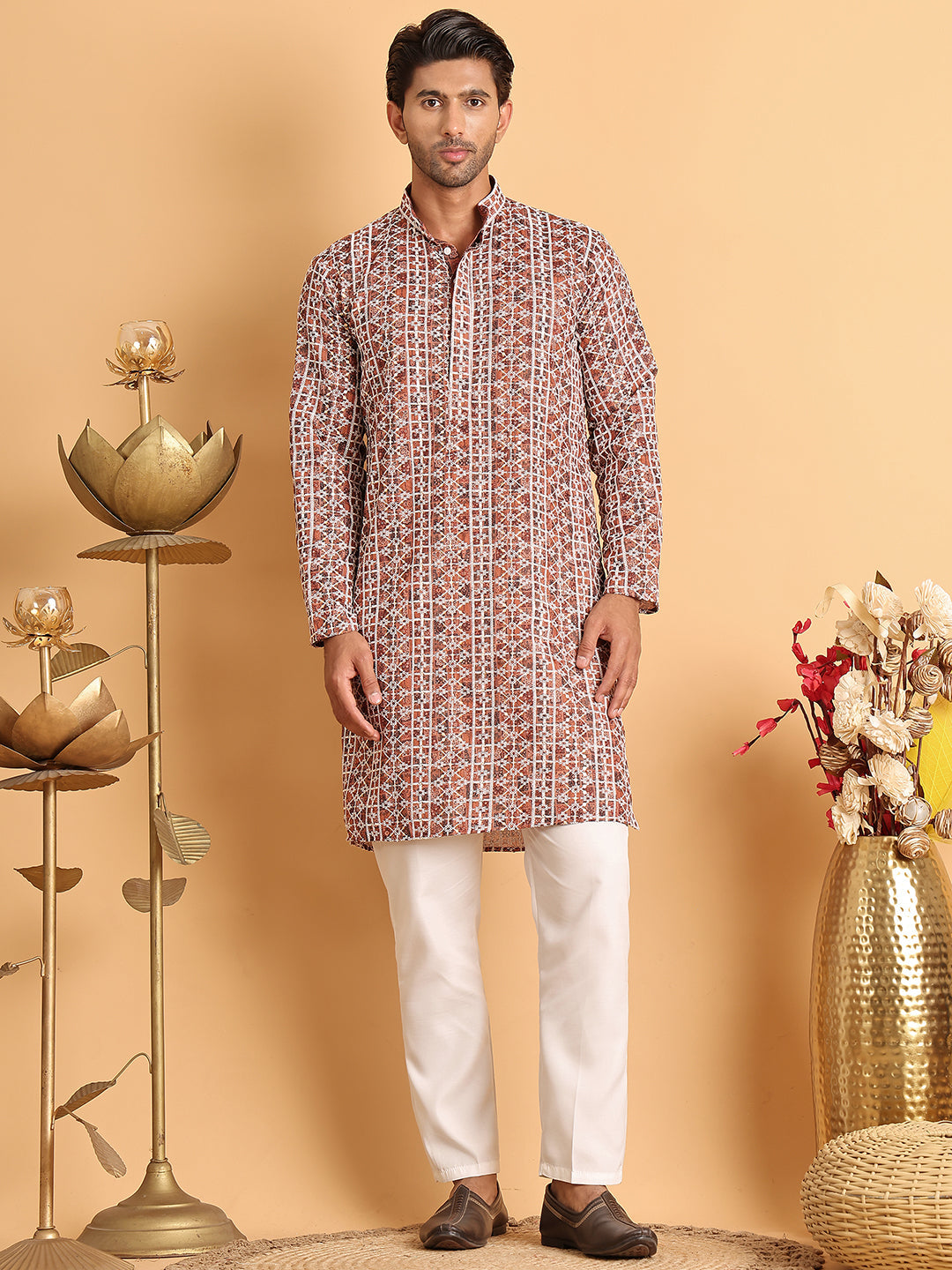 Embroidered & Printed Kurta Set For Men ( JOKP P 5124Brown )