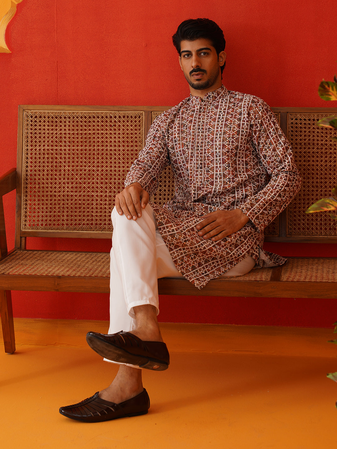 Embroidered & Printed Kurta Set For Men ( JJOKP P 5124Brown )