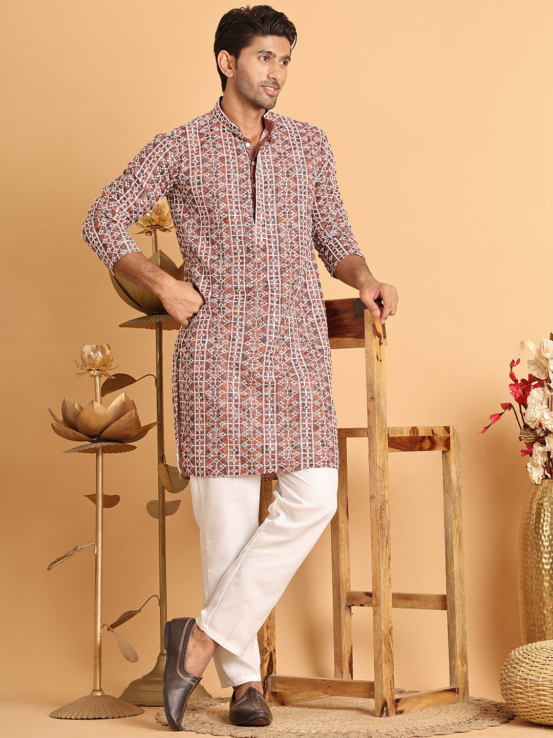 Embroidered & Printed Kurta Set For Men ( JOKP P 5124Brown )